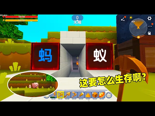迷你世界: 蚂蚁生存!还没猪的一只脚大,怎么生存盖房子,这下头大了